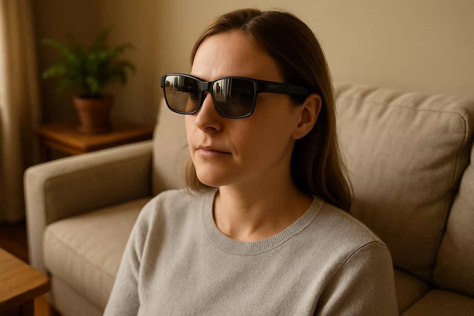 A woman in her 30s wearing Rokid Max 2 AR glasses sits comfortably in a warmly lit living room. A woman in her 30s wearing Rokid Max 2 AR glasses sits comfortably in a warmly lit living room.
