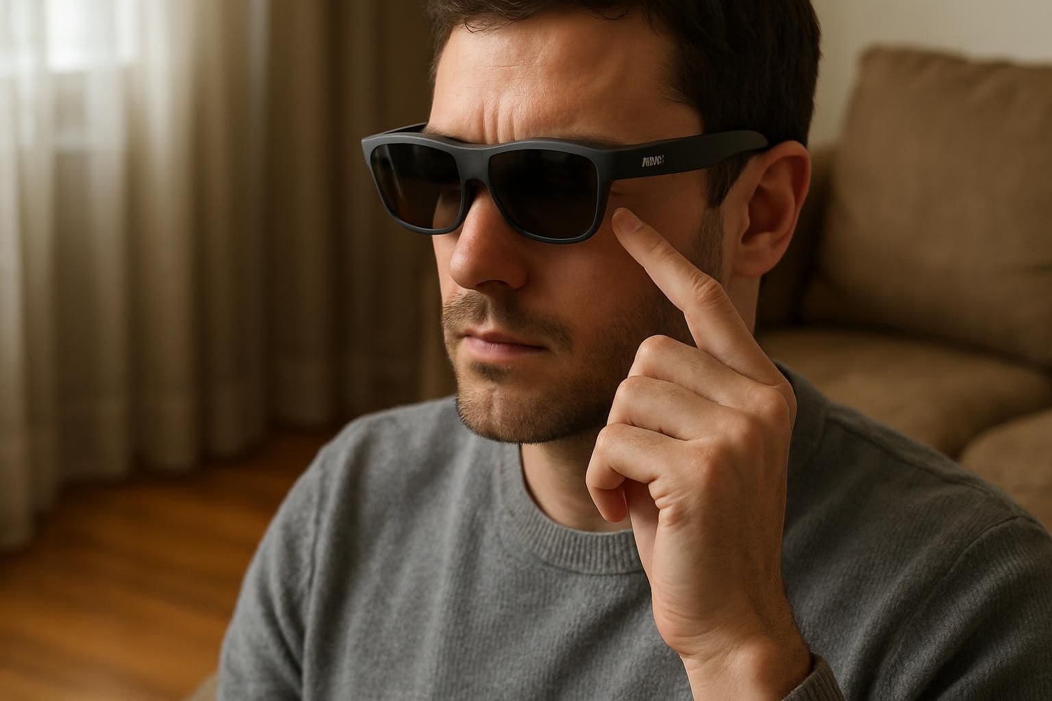 A man in his 30s adjusts his Rokid Max 2 glasses while sitting in a modern living room. A man in his 30s adjusts his Rokid Max 2 glasses while sitting in a modern living room.