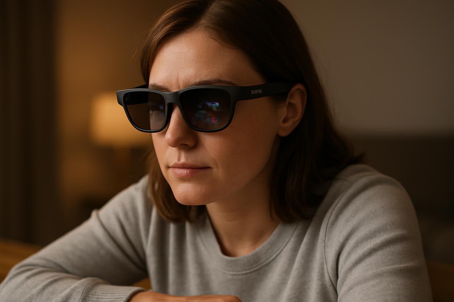 A woman in her late 20s wearing Rokid Max 2 smart glasses, immersed in a virtual augmented reality experience. A woman in her late 20s wearing Rokid Max 2 smart glasses, immersed in a virtual augmented reality experience.