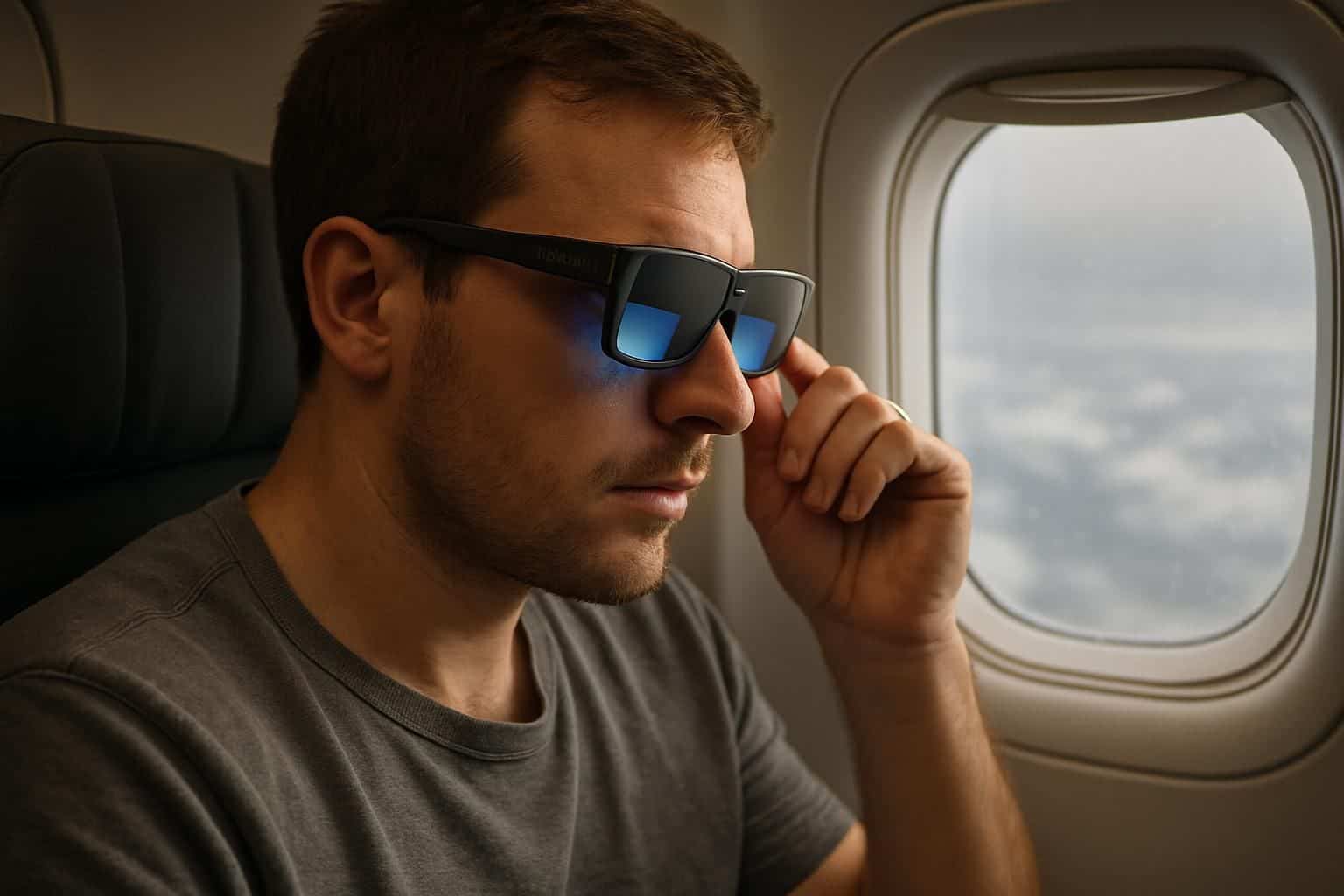 A man in his 30s adjusts his Rokid Max 2 glasses on a flight. A man in his 30s adjusts his Rokid Max 2 glasses on a flight.