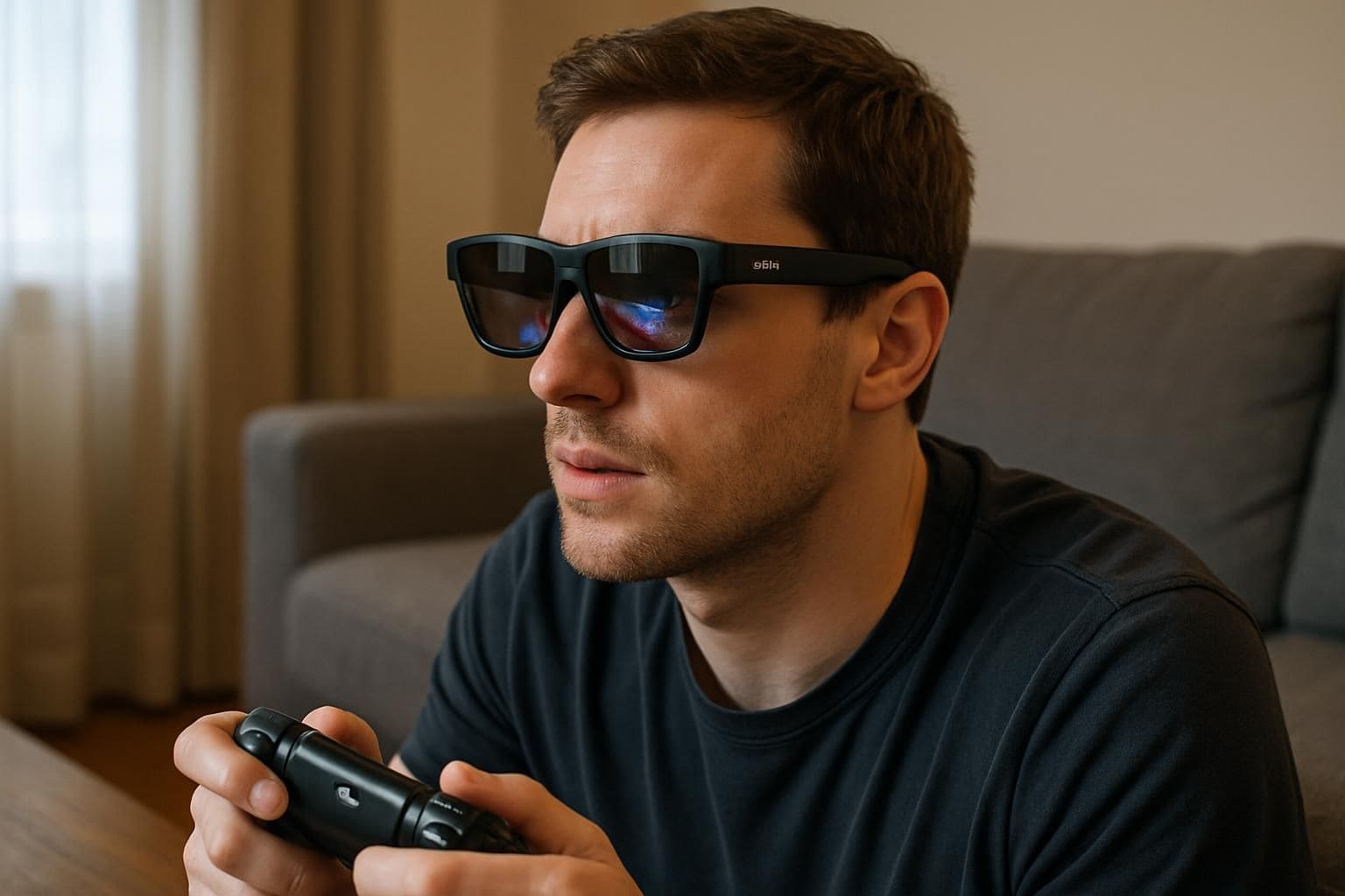 A man in his 30s wearing Rokid Max 2 AR glasses plays a game on a couch. A man in his 30s wearing Rokid Max 2 AR glasses plays a game on a couch.