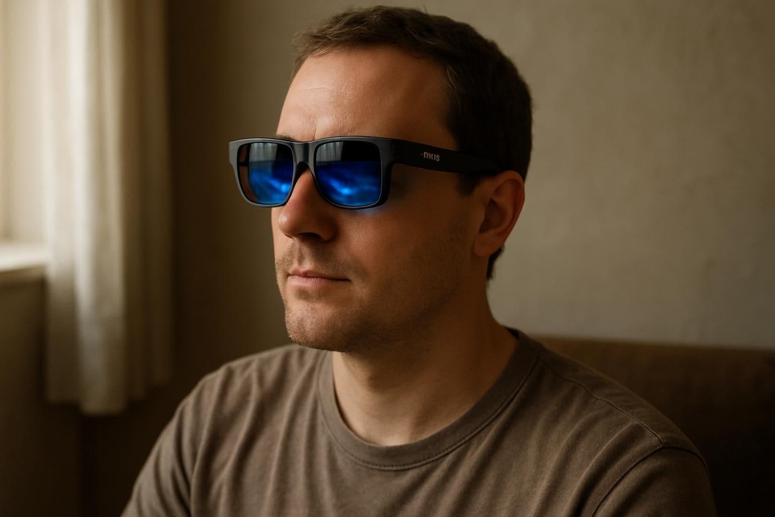 A person wearing Rokid Max 2 smart glasses in a softly lit room. A person wearing Rokid Max 2 smart glasses in a softly lit room.