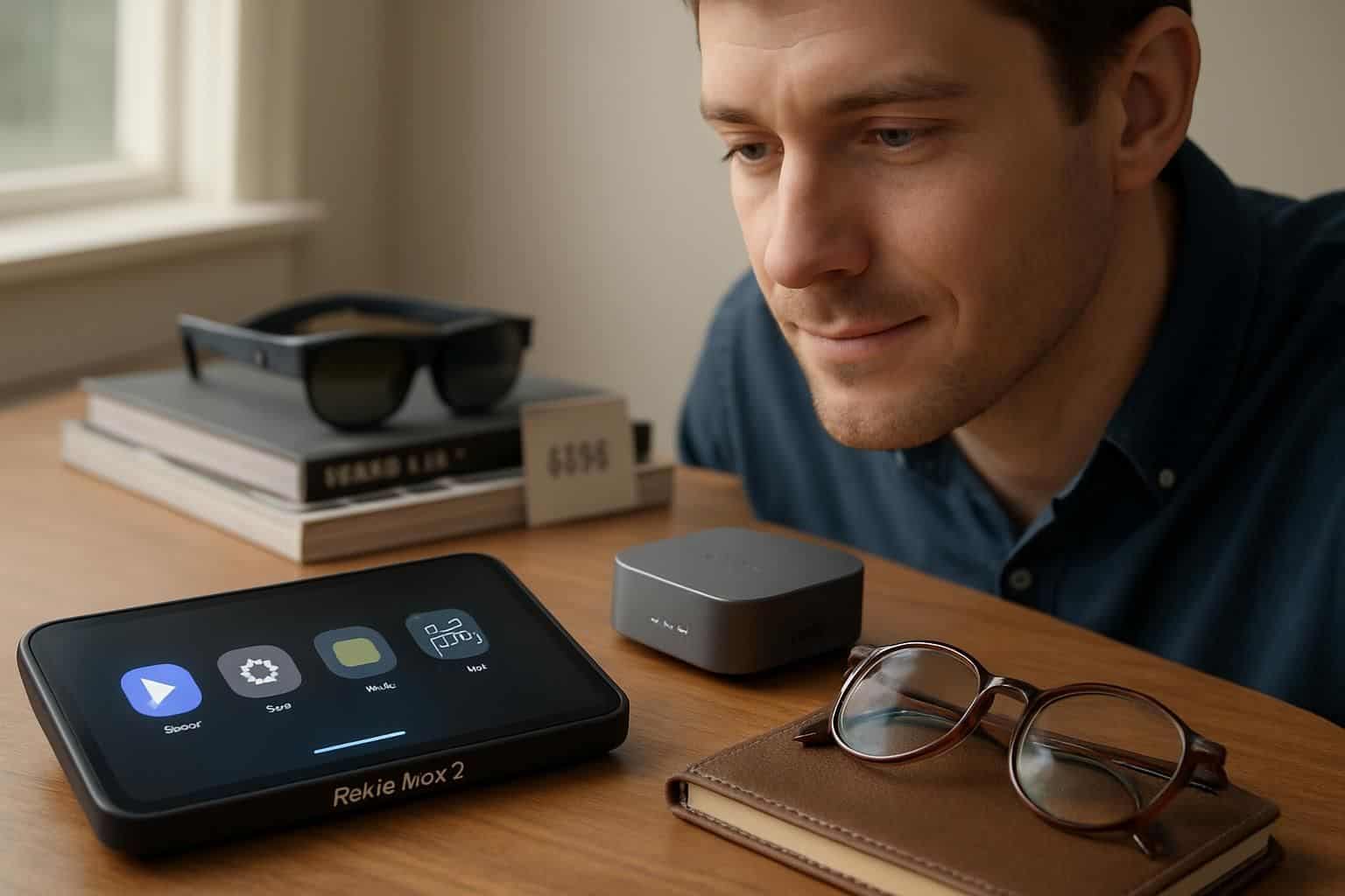 A man interacts with sleek Rokid technology on a polished desk. A man interacts with sleek Rokid technology on a polished desk.