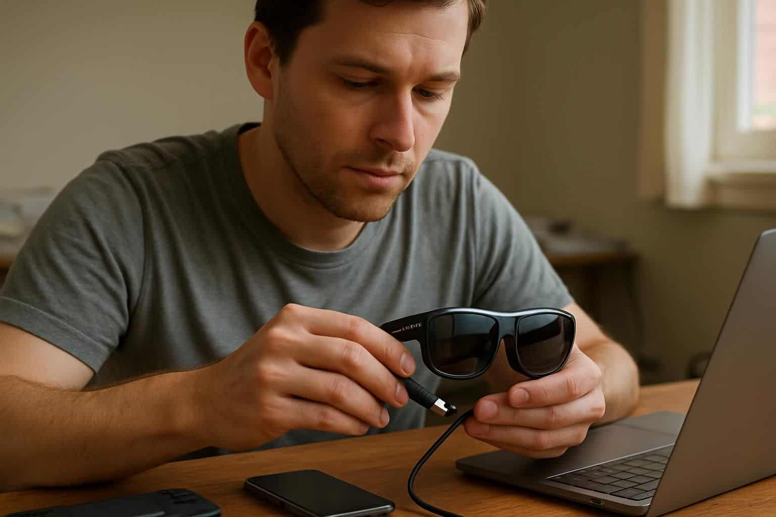 A man in his 30s connects smart glasses to a laptop at a wooden desk. A man in his 30s connects smart glasses to a laptop at a wooden desk.