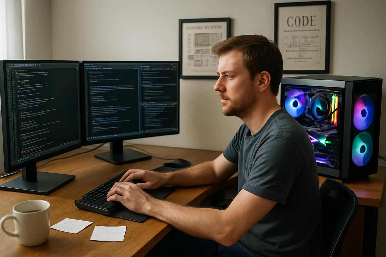 A dedicated computer enthusiast's organized home office with custom PC setup and three monitors. A dedicated computer enthusiast's organized home office with custom PC setup and three monitors.