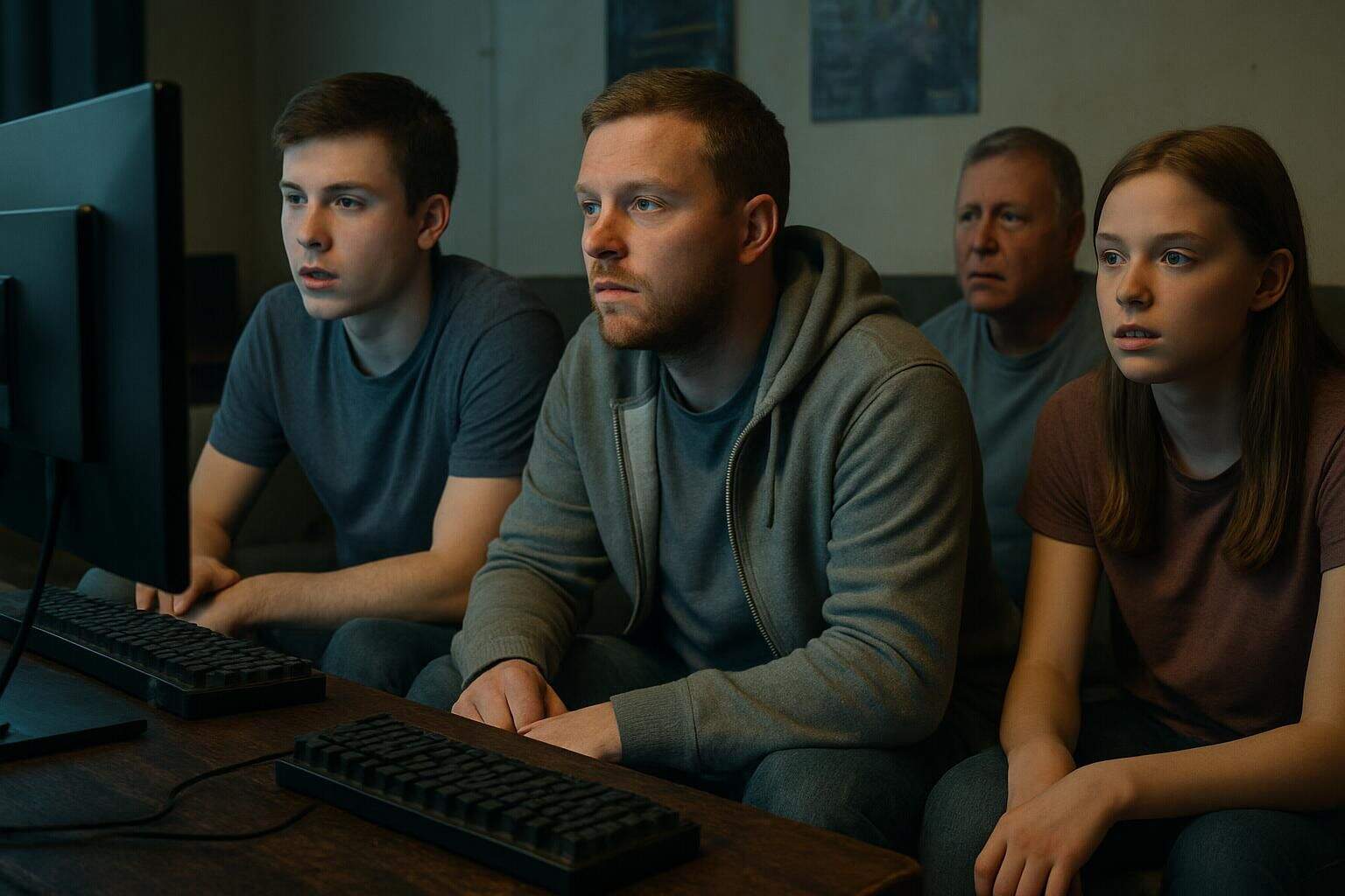 A diverse group of esports fans immersed in gaming, surrounded by worn-in furniture and cluttered gaming gear. A diverse group of esports fans immersed in gaming, surrounded by worn-in furniture and cluttered gaming gear.