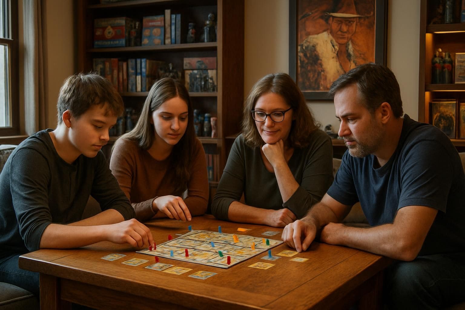 A multi-generational group of individuals plays a board game in a warmly decorated living room. A multi-generational group of individuals plays a board game in a warmly decorated living room.