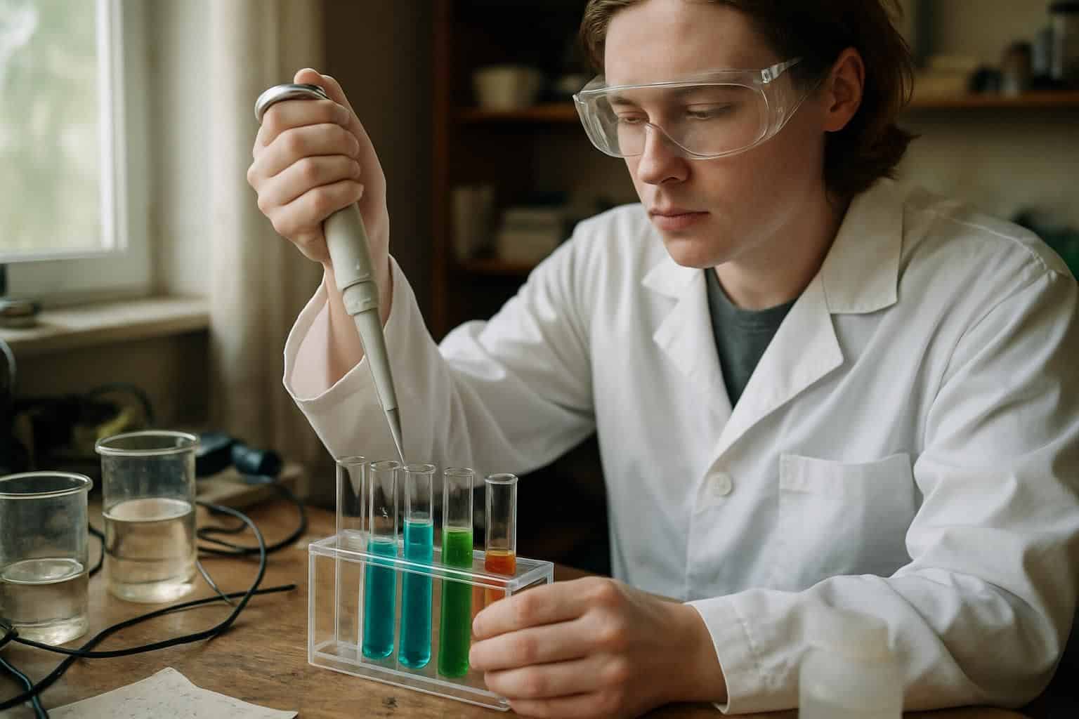 A young scientist in a lab coat and safety goggles uses a pipette to transfer colorful liquids into test tubes in a cluttered home laboratory. A young scientist in a lab coat and safety goggles uses a pipette to transfer colorful liquids into test tubes in a cluttered home laboratory.
