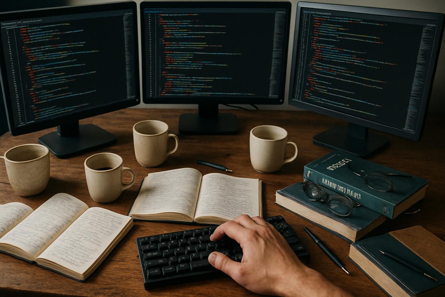 A cluttered, active workspace with computer monitors, programming books, and handwritten notes on a worn wooden desk. A cluttered, active workspace with computer monitors, programming books, and handwritten notes on a worn wooden desk.