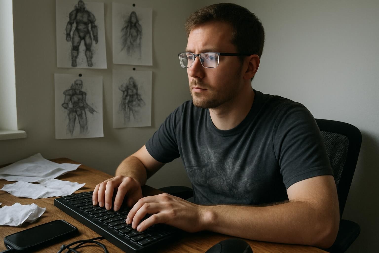 A man sits at a cluttered home office desk with digital artwork pinned to the wall. A man sits at a cluttered home office desk with digital artwork pinned to the wall.
