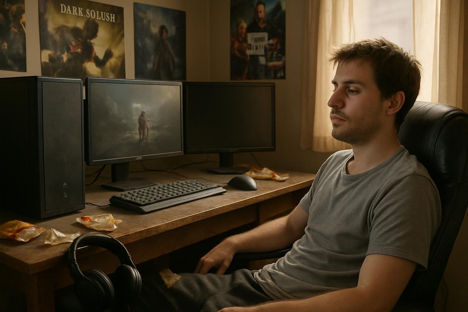 A cluttered bedroom with a well-worn gaming setup and a casually dressed man engrossed in gaming. A cluttered bedroom with a well-worn gaming setup and a casually dressed man engrossed in gaming.