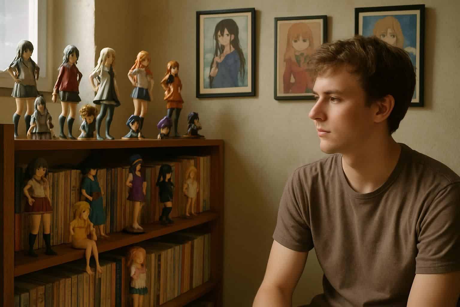 A room filled with meticulously displayed rare anime figurines, manga volumes, and vintage comic books. A room filled with meticulously displayed rare anime figurines, manga volumes, and vintage comic books.