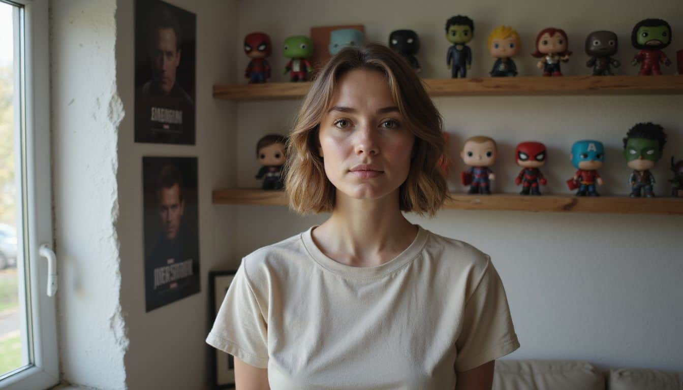 A woman in her 30s stands in a room with superhero posters and Funko Pop figures. A woman in her 30s stands in a room with superhero posters and Funko Pop figures.