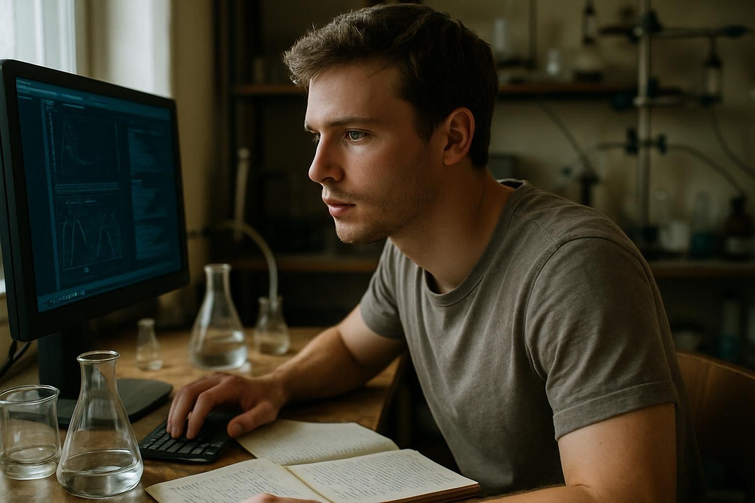 A young man in a home laboratory, focused on his computer screen while surrounded by scientific equipment and research notes. A young man in a home laboratory, focused on his computer screen while surrounded by scientific equipment and research notes.
