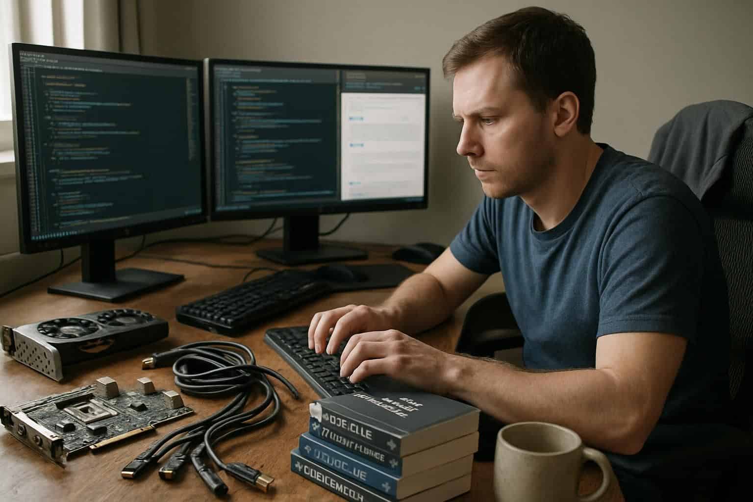 A cluttered desk with computer components, programming books, and three monitors, with a man working intensely. A cluttered desk with computer components, programming books, and three monitors, with a man working intensely.
