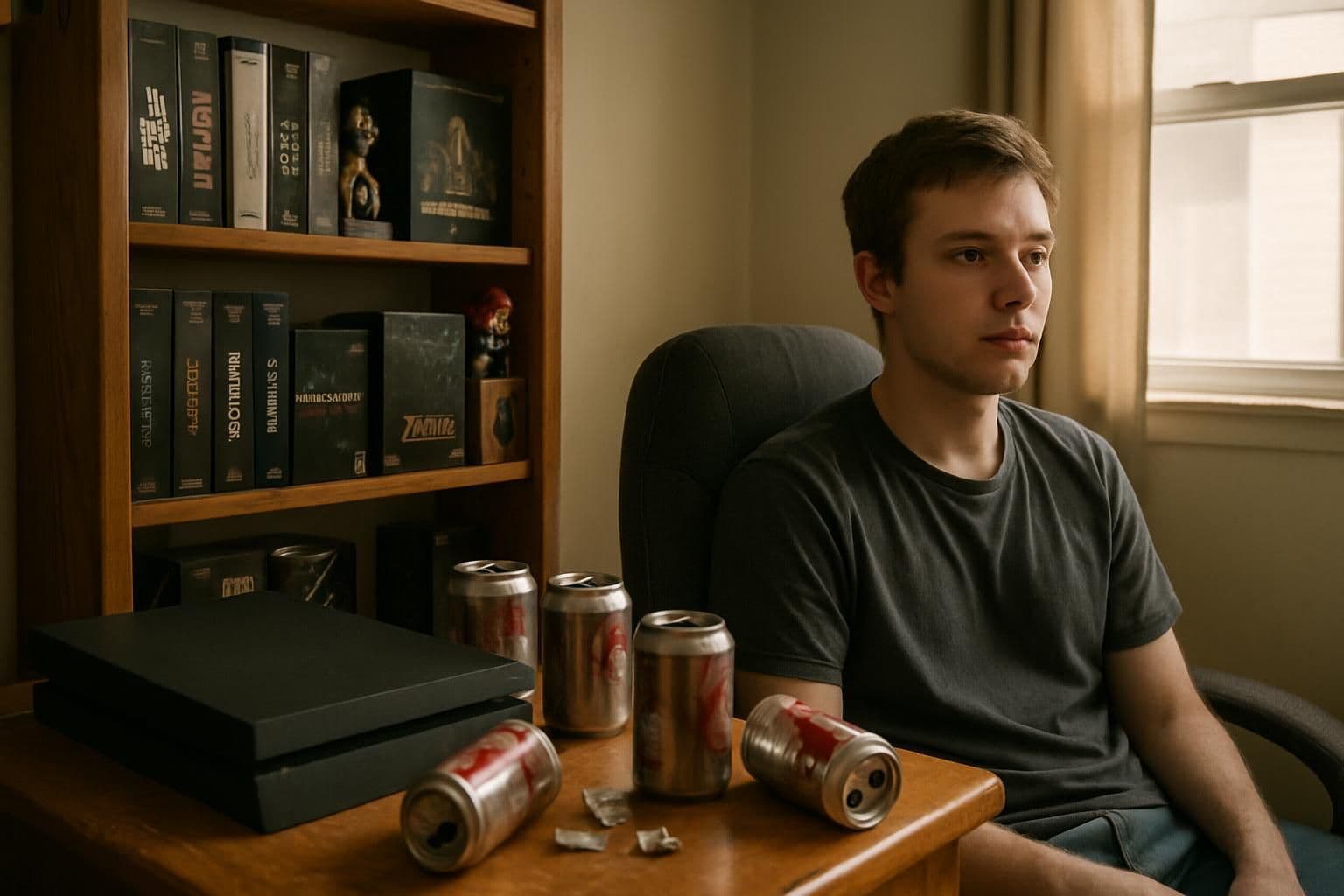 A lived-in gaming room filled with collector's edition boxes, gaming memorabilia, and a relaxed young man. A lived-in gaming room filled with collector's edition boxes, gaming memorabilia, and a relaxed young man.