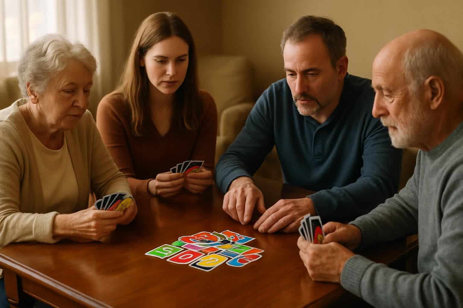 A group of people of different ages playing Uno at a wooden dining table. A group of people of different ages playing Uno at a wooden dining table.