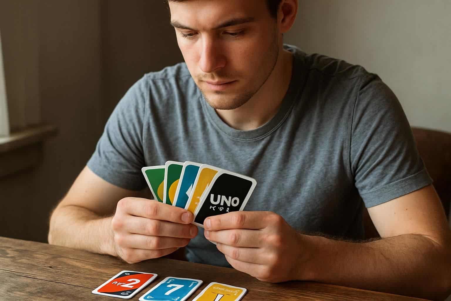 A man in his mid-20s plays Uno Mod at a rustic wooden table. A man in his mid-20s plays Uno Mod at a rustic wooden table.