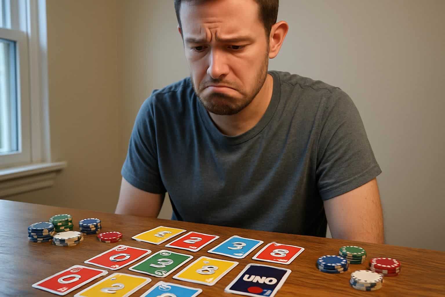 A man in his 30s looks frustrated while playing Uno Mod and poker. A man in his 30s looks frustrated while playing Uno Mod and poker.
