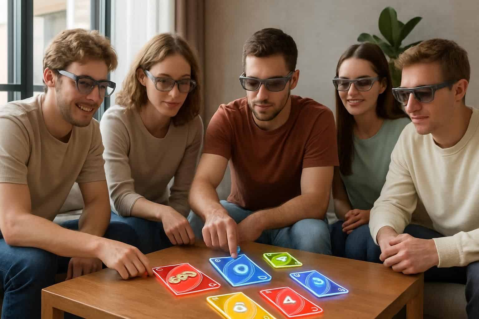 A group of young adults play Uno using holographic projections in a modern living room. A group of young adults play Uno using holographic projections in a modern living room.