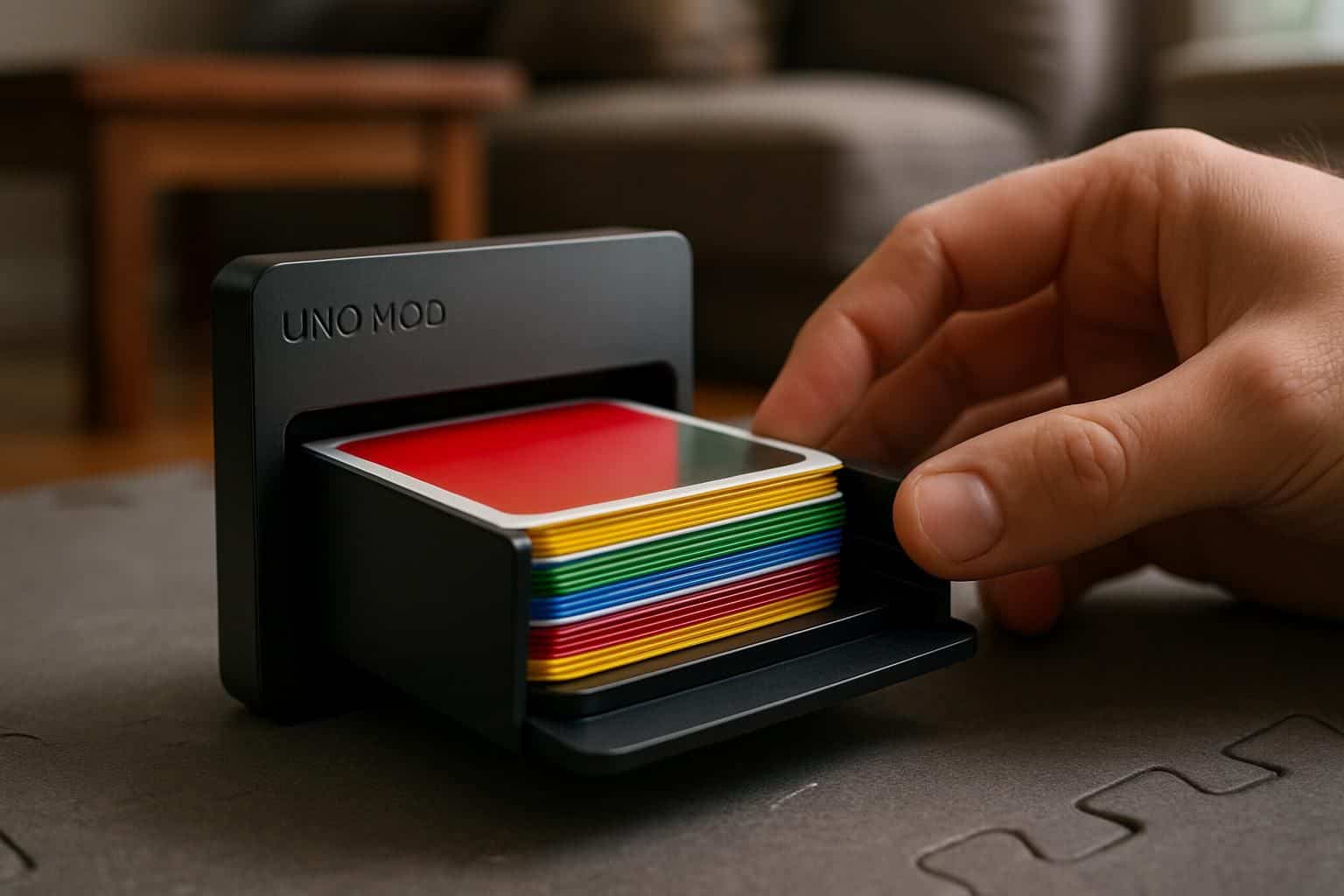 A sleek Uno Mod case with vibrant Uno cards, resting on a foam mat in a cozy home gaming space. A sleek Uno Mod case with vibrant Uno cards, resting on a foam mat in a cozy home gaming space.