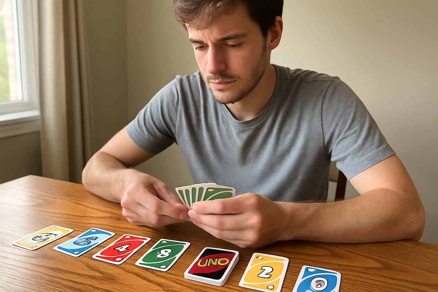 A young man sorts Uno cards with focused concentration in a cozy room.