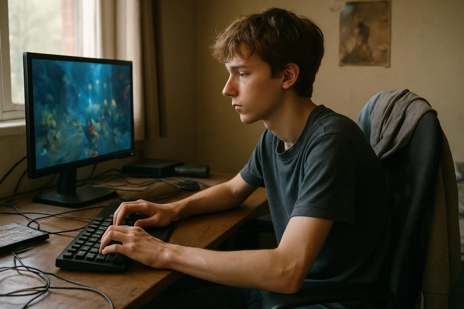 A teenage boy focused on gaming at his cluttered desk in his bedroom. A teenage boy focused on gaming at his cluttered desk in his bedroom.