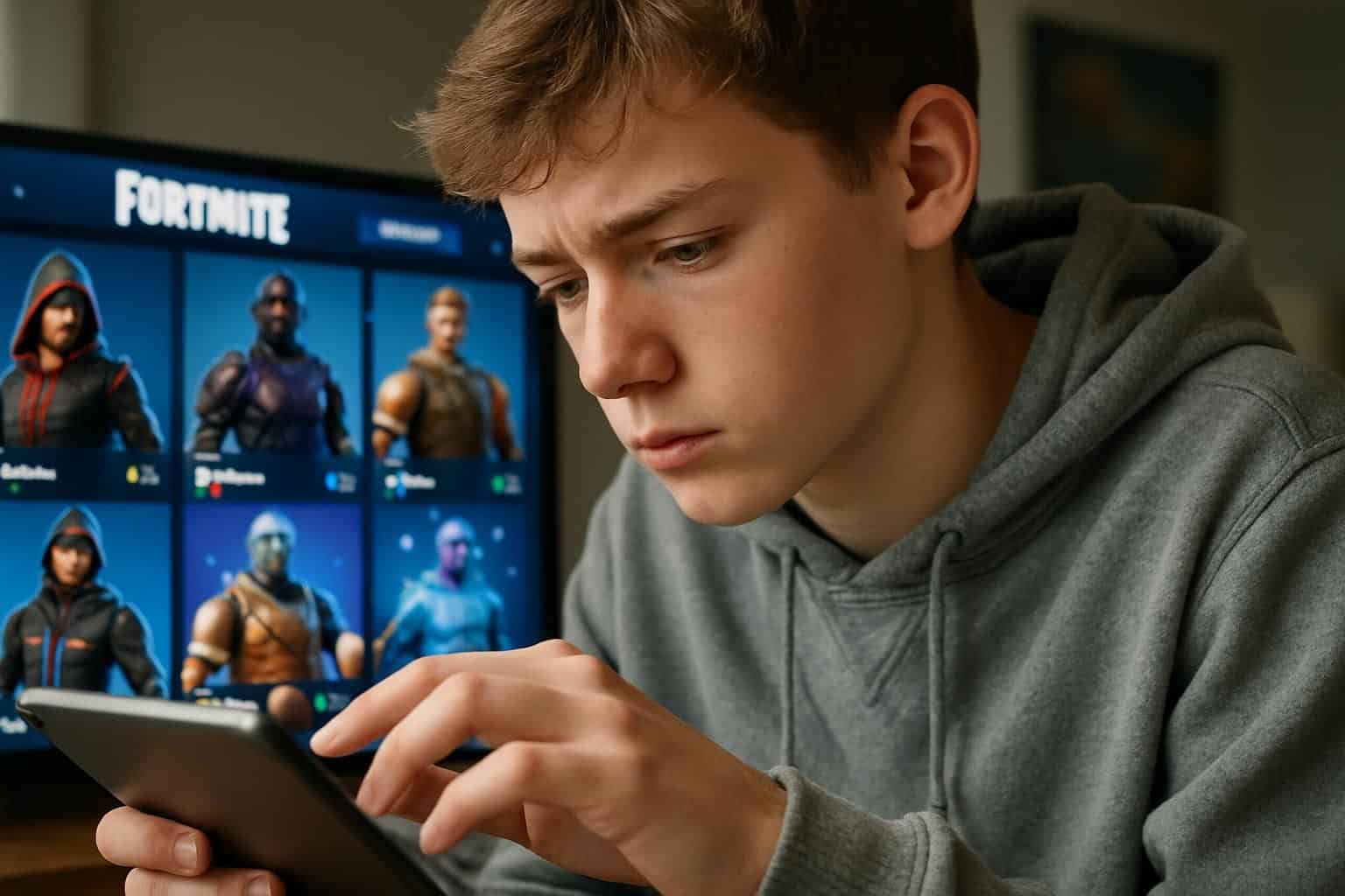 A teenage boy is engrossed in playing a game on his tablet.