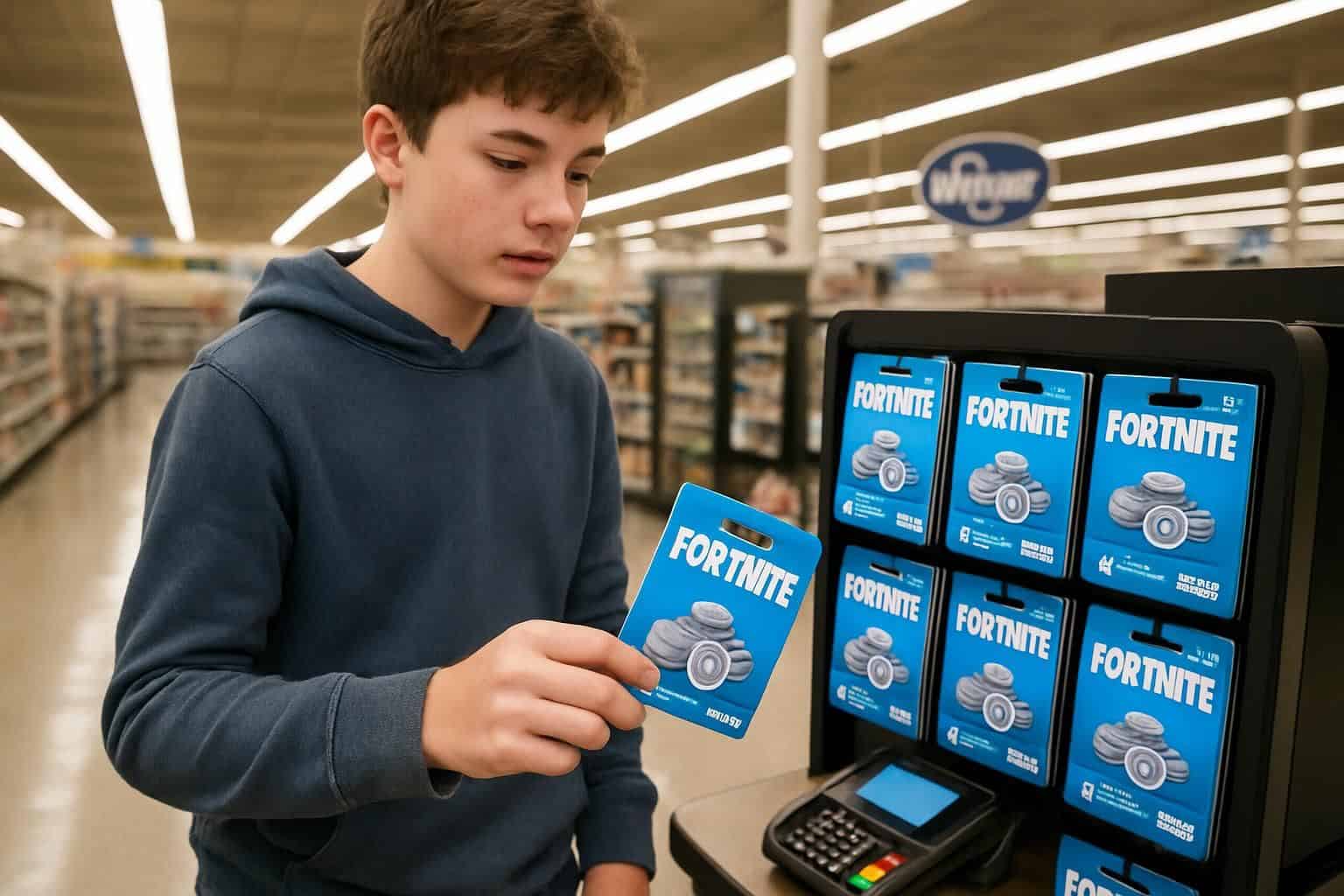 A teenage boy in a navy hoodie purchases a Fortnite V-Bucks gift card at a Kroger store. A teenage boy in a navy hoodie purchases a Fortnite V-Bucks gift card at a Kroger store.