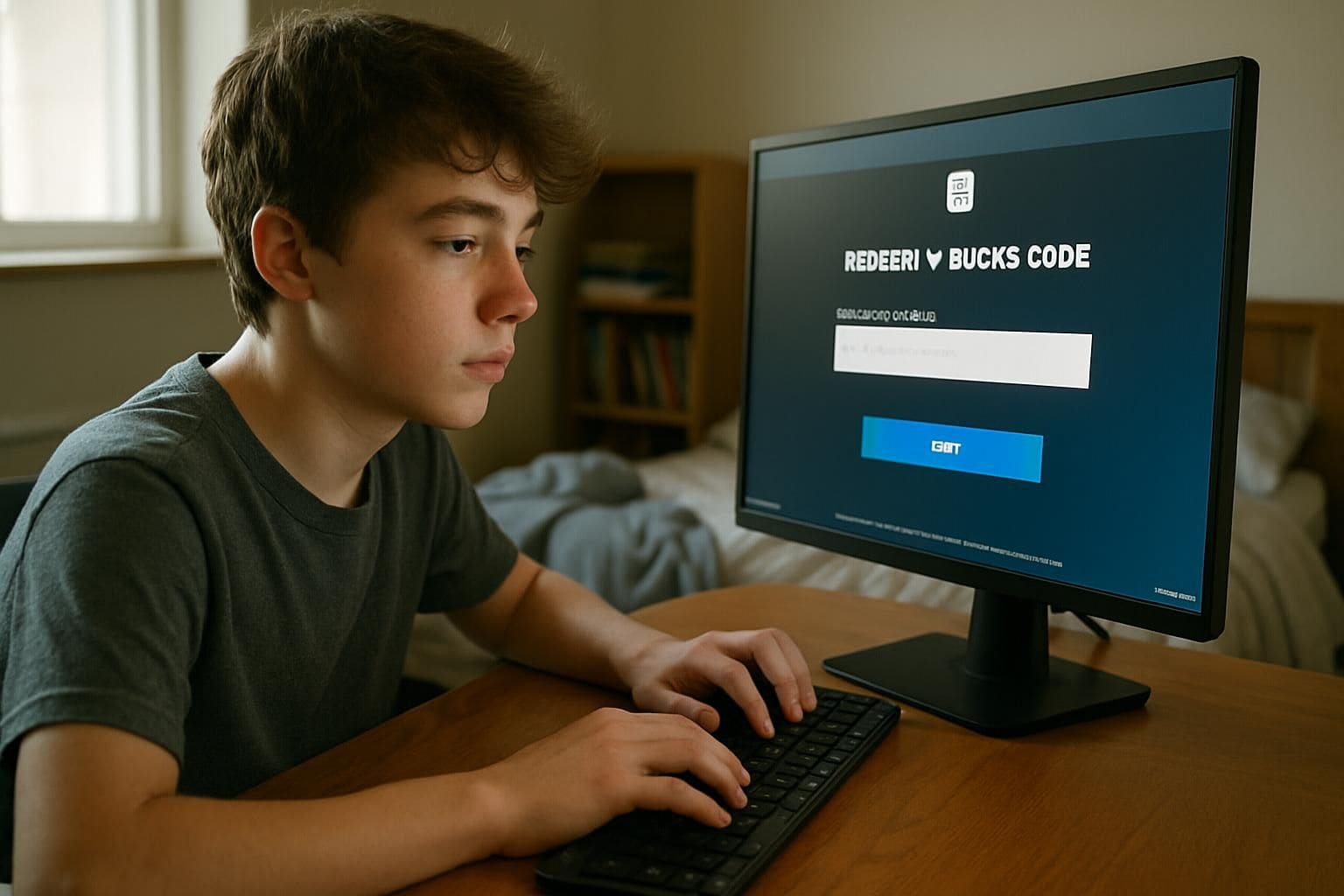 A teenage boy is seated at a computer desk, focused on redeeming V-Bucks codes. A teenage boy is seated at a computer desk, focused on redeeming V-Bucks codes.