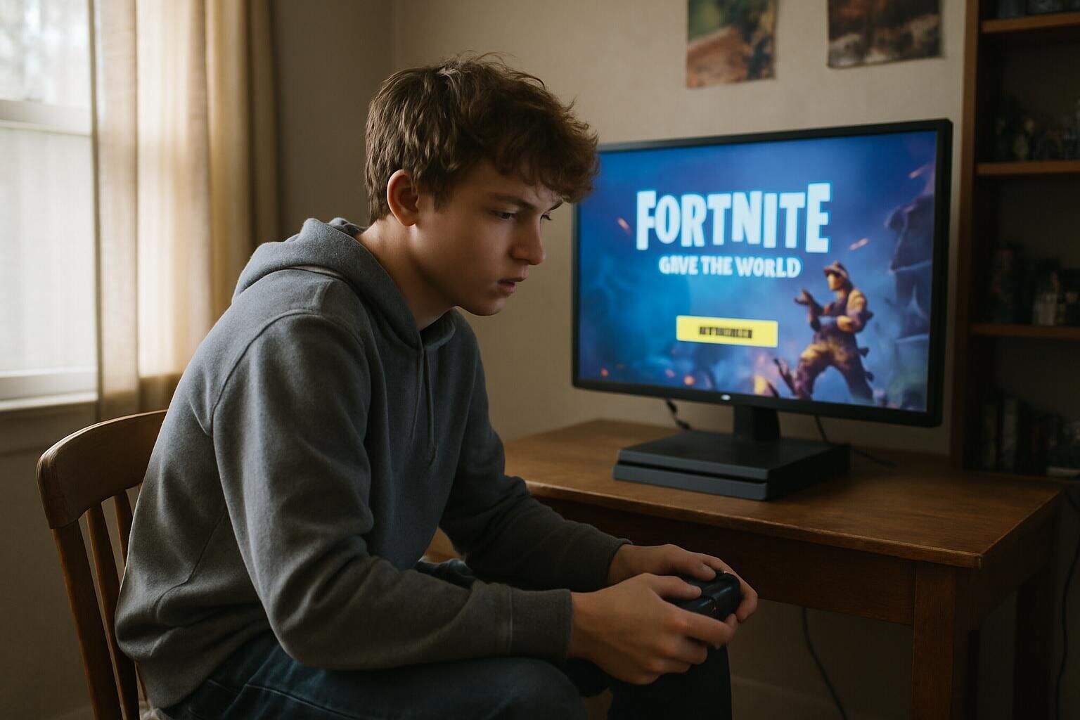 A teenage boy sits in his bedroom, focused on playing Fortnite on a gaming console. A teenage boy sits in his bedroom, focused on playing Fortnite on a gaming console.
