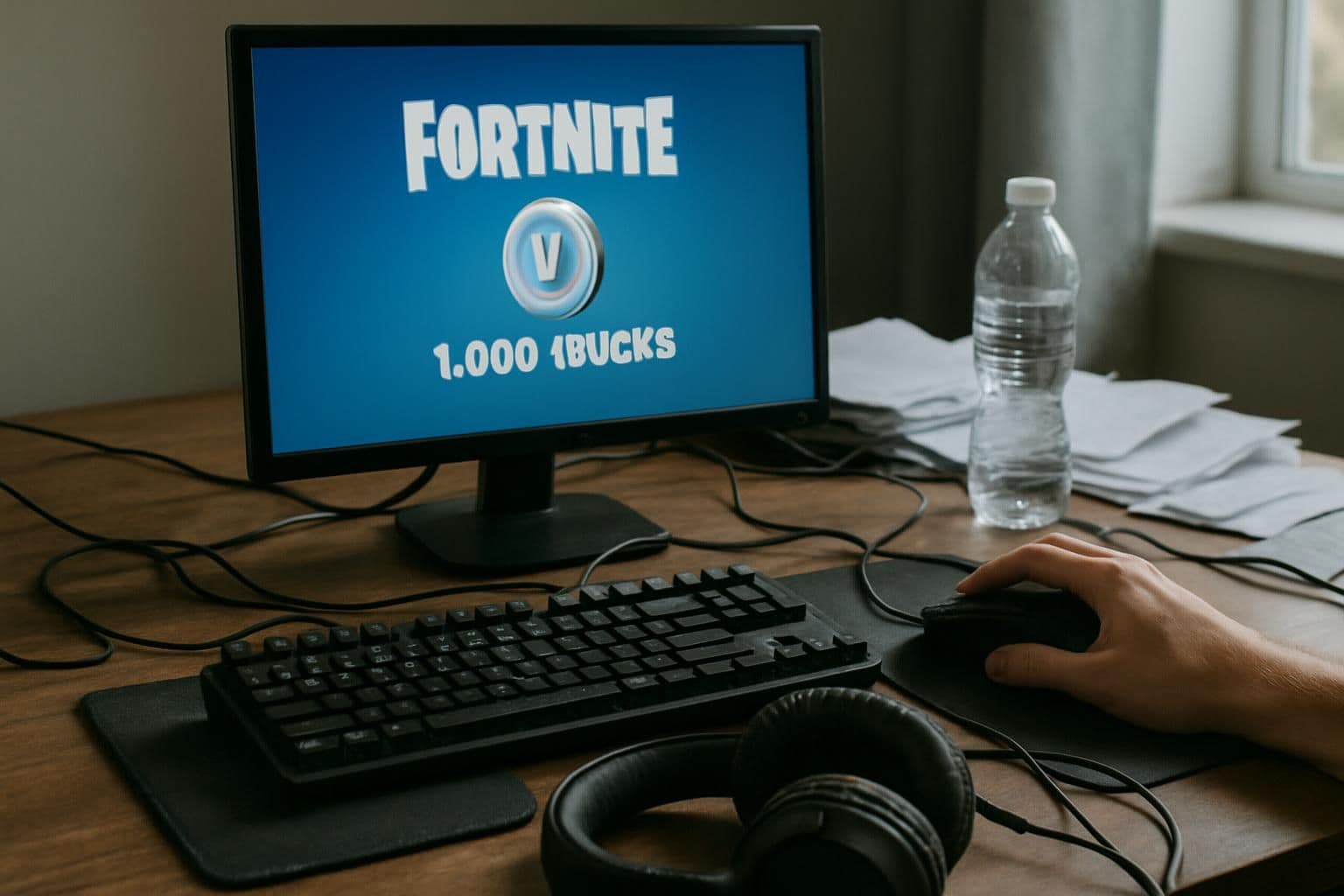 A cluttered gaming desk with accessories and Fortnite V-Bucks balance displayed on the monitor. A cluttered gaming desk with accessories and Fortnite V-Bucks balance displayed on the monitor.