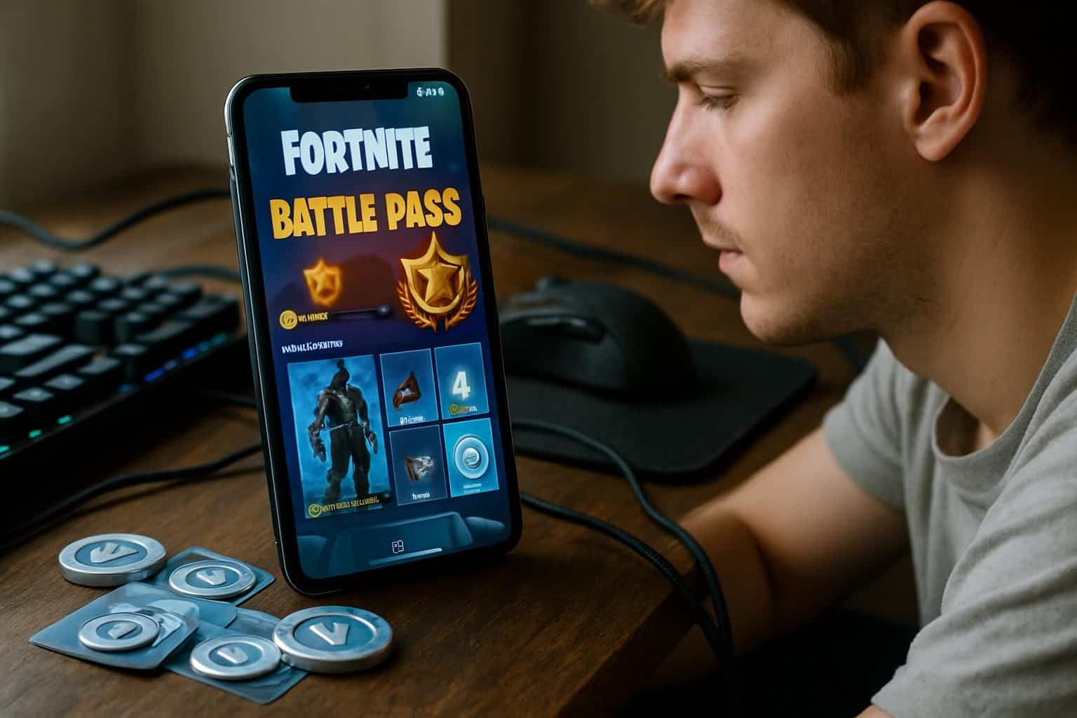 A close-up photo of a gaming setup with Fortnite Battle Pass interface, showing a person in the background. A close-up photo of a gaming setup with Fortnite Battle Pass interface, showing a person in the background.