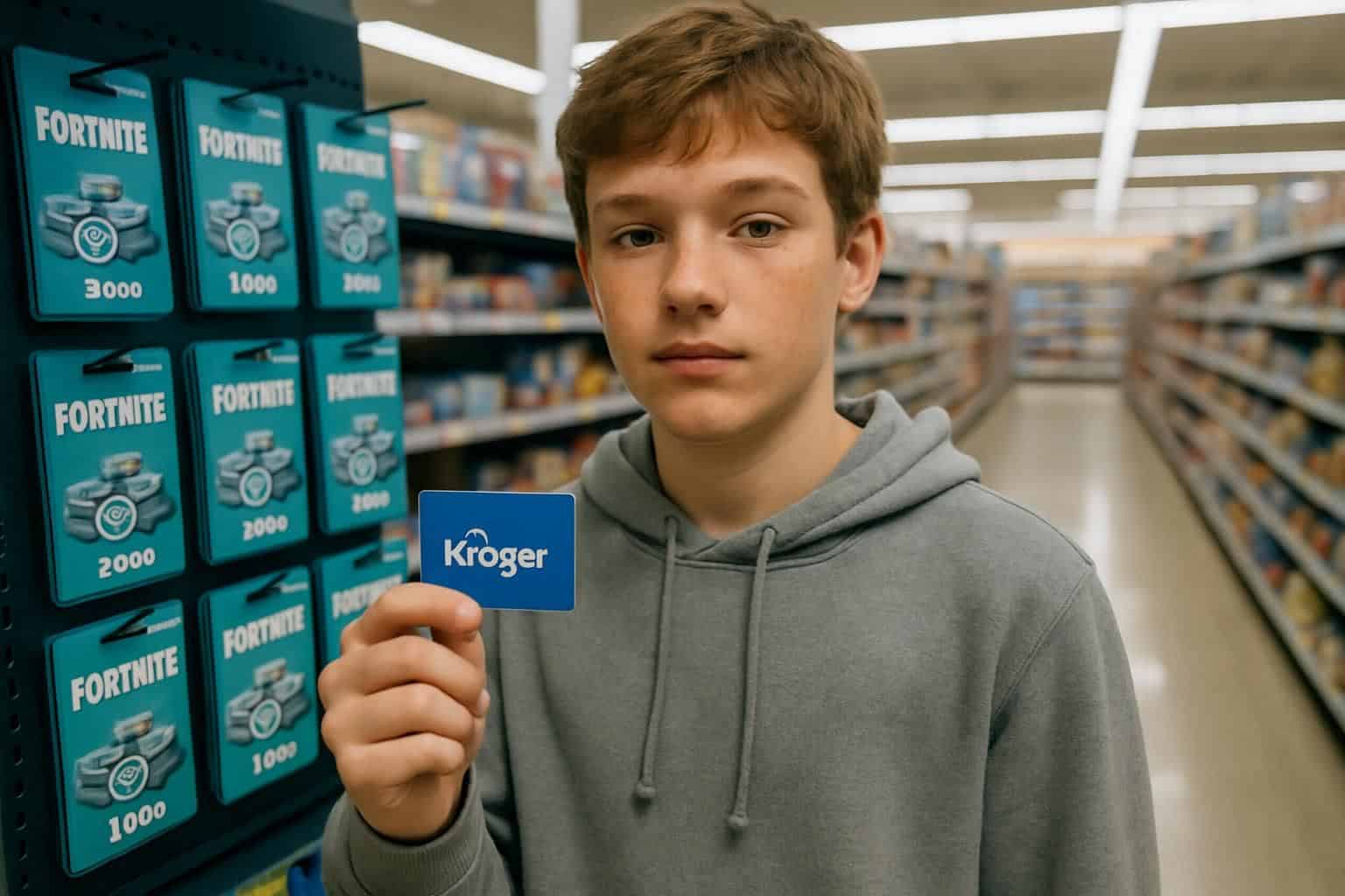 A teenage boy holding a Kroger gift card stands in front of a display of V-Bucks packages in a supermarket aisle. A teenage boy holding a Kroger gift card stands in front of a display of V-Bucks packages in a supermarket aisle.