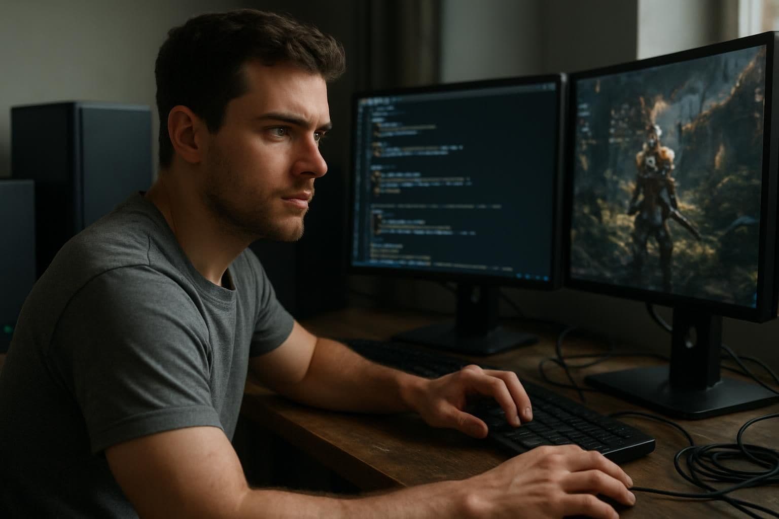 A man in his 20s immersed in technology, focused on coding and gaming. A man in his 20s immersed in technology, focused on coding and gaming.