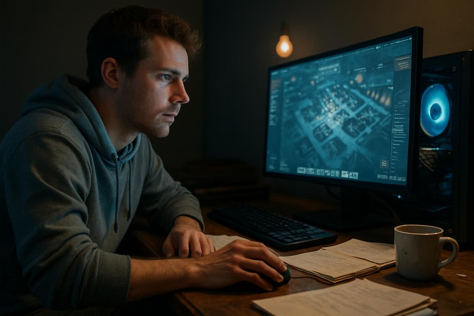 A focused young man sits at a cluttered desk, intensely playing a detailed modern game on his computer monitor. A focused young man sits at a cluttered desk, intensely playing a detailed modern game on his computer monitor.