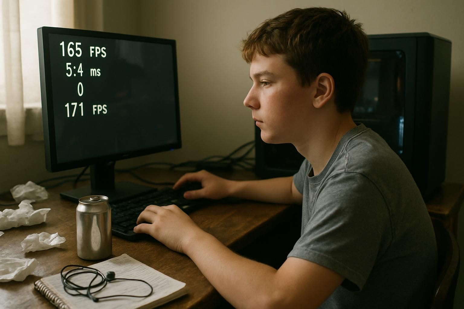 A teenage boy sits at a cluttered desk, focused on his computer gaming setup. A teenage boy sits at a cluttered desk, focused on his computer gaming setup.
