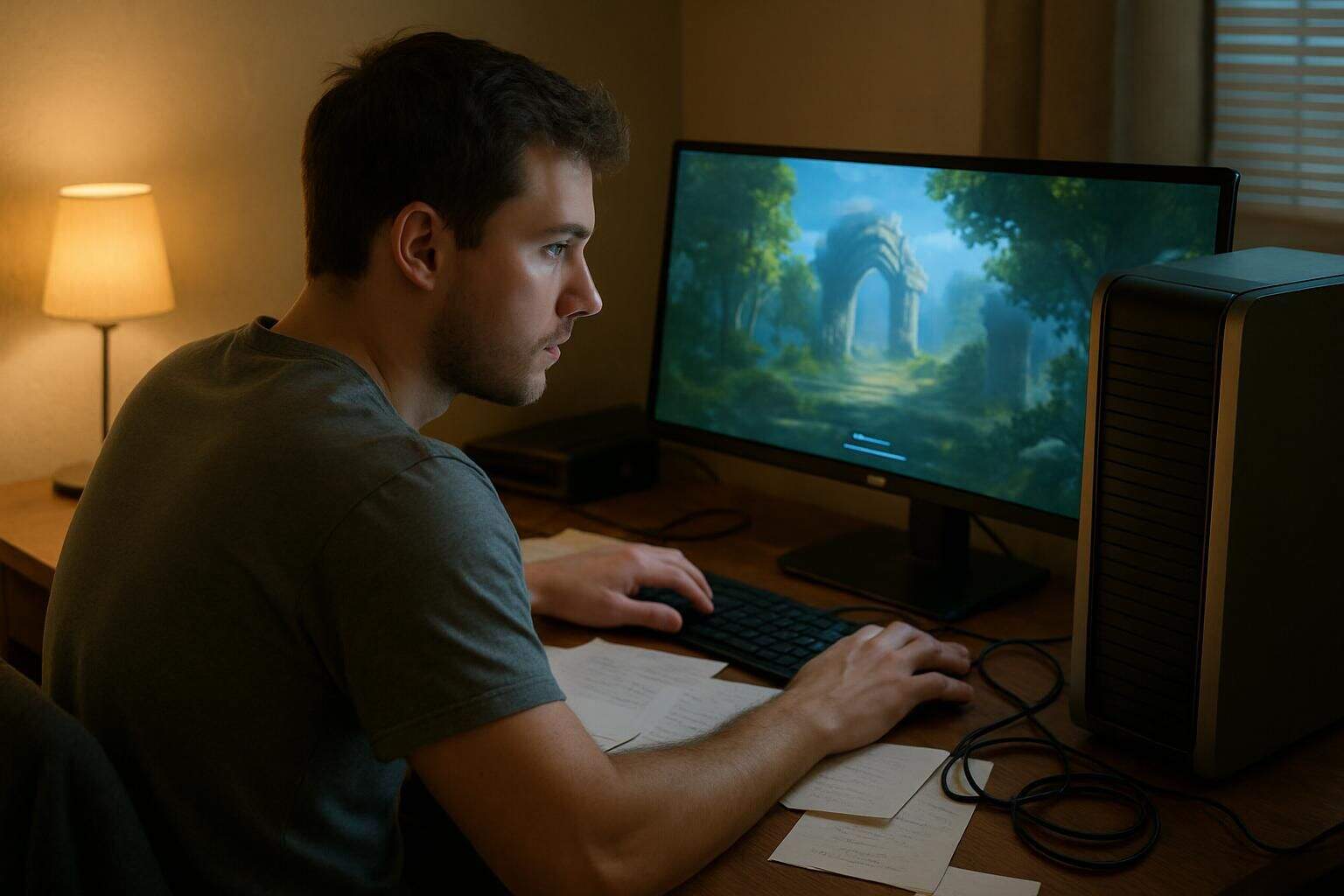 A man in his 20s sits at a cluttered desk with a high-performance computer, focused on a game loading screen. A man in his 20s sits at a cluttered desk with a high-performance computer, focused on a game loading screen.