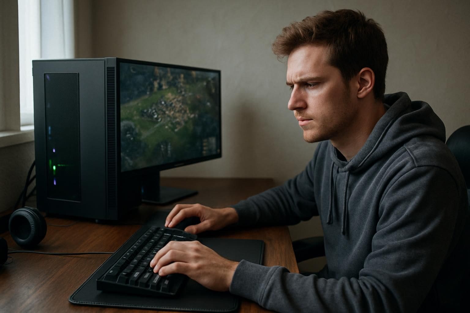 A young man plays a strategy game on a sleek gaming setup in a softly lit room. A young man plays a strategy game on a sleek gaming setup in a softly lit room.