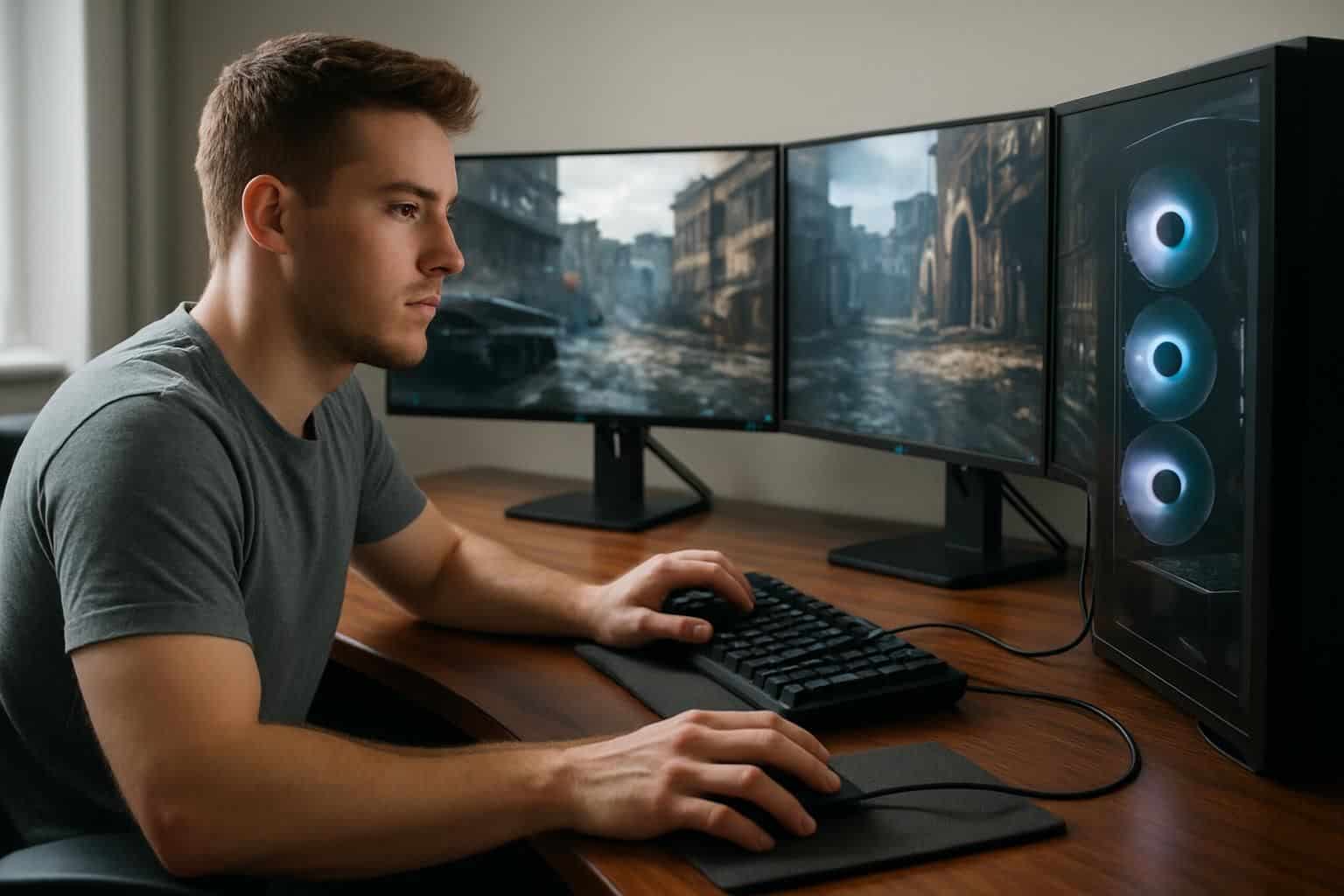 A focused man sitting at a modern desk with high-performance gaming setup, displaying intense gaming graphics. A focused man sitting at a modern desk with high-performance gaming setup, displaying intense gaming graphics.