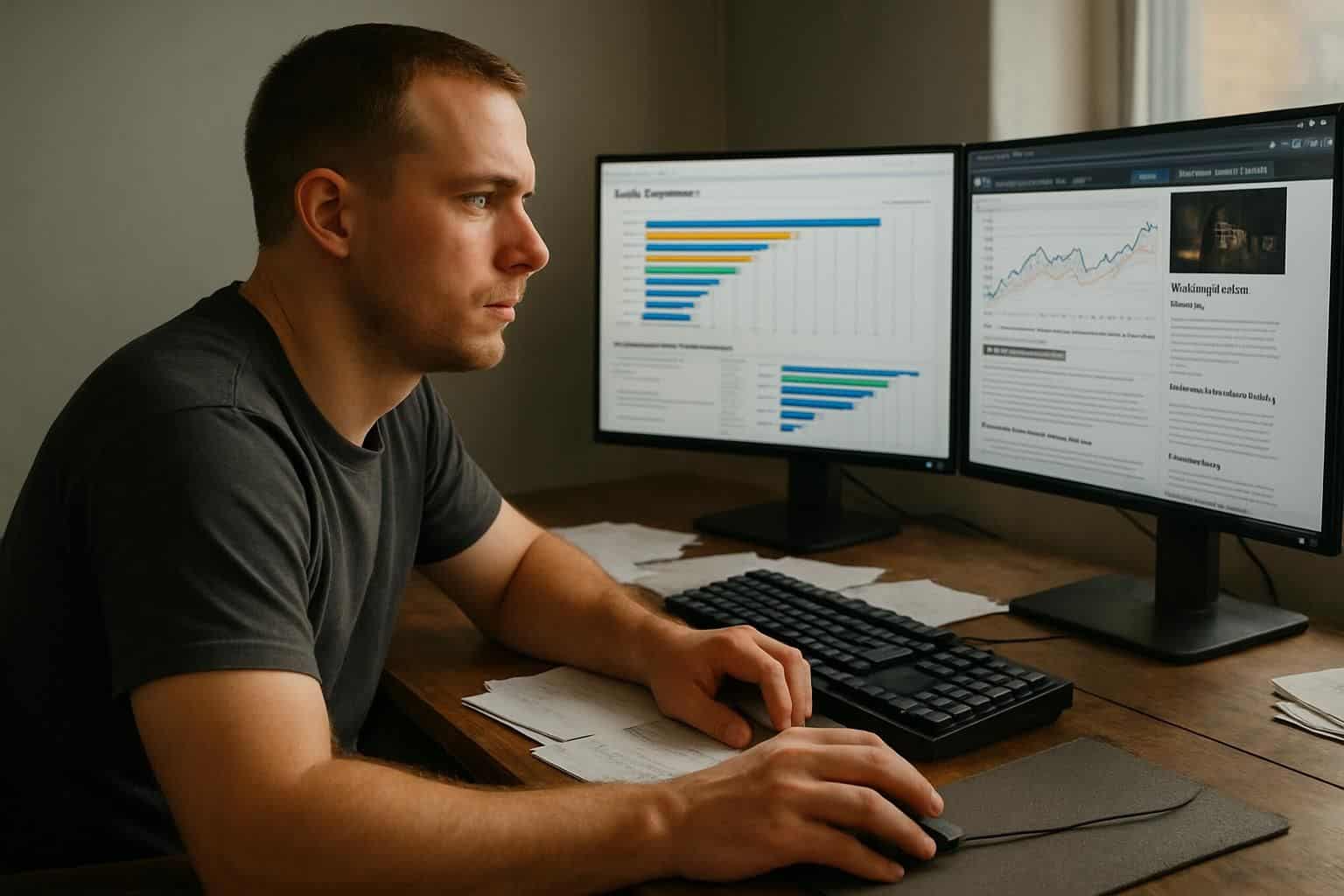 A man in his 30s sits at a cluttered desk, focused on computer monitors displaying performance data. A man in his 30s sits at a cluttered desk, focused on computer monitors displaying performance data.