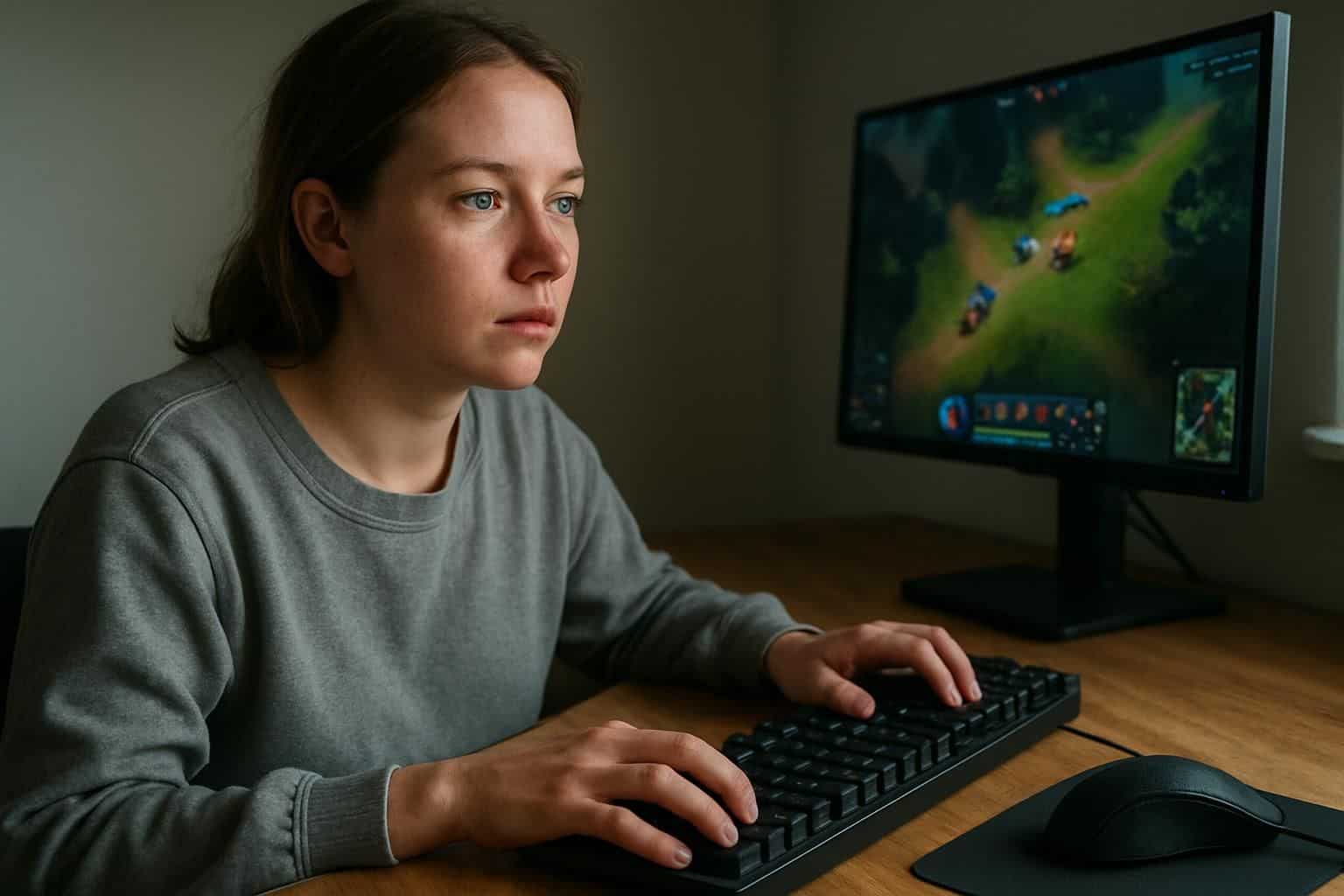 A 25-year-old woman sits at her desk, focused on a multiplayer game on her gaming monitor. A 25-year-old woman sits at her desk, focused on a multiplayer game on her gaming monitor.