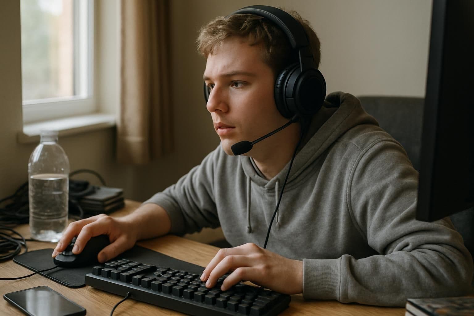 A young adult gamer sits at cluttered desk with gaming peripherals in a naturally lit room. A young adult gamer sits at cluttered desk with gaming peripherals in a naturally lit room.