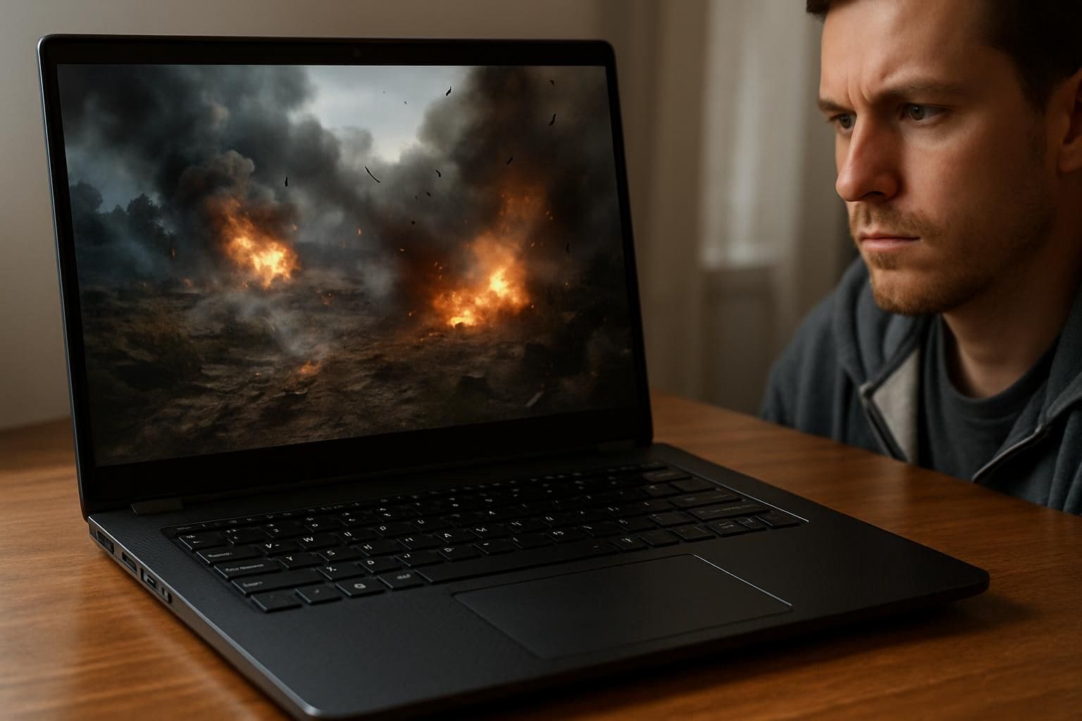 A sleek gaming laptop displaying hyper-realistic virtual battlefield with a focused user in the background. A sleek gaming laptop displaying hyper-realistic virtual battlefield with a focused user in the background.