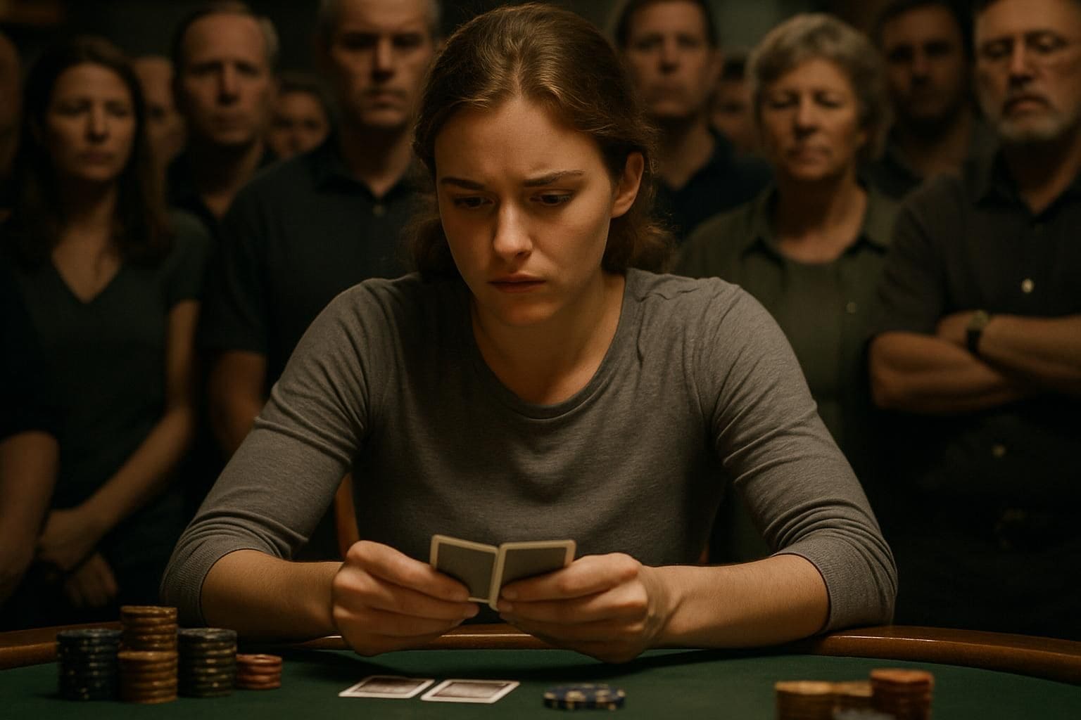 A focused young woman examines her cards at a poker tournament, surrounded by an eager crowd of spectators. A focused young woman examines her cards at a poker tournament, surrounded by an eager crowd of spectators.