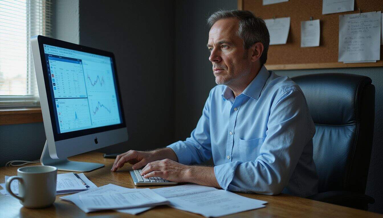 A middle-aged man sits at a cluttered desk, intensely focused on financial charts displayed on his computer screen. A middle-aged man sits at a cluttered desk, intensely focused on financial charts displayed on his computer screen.