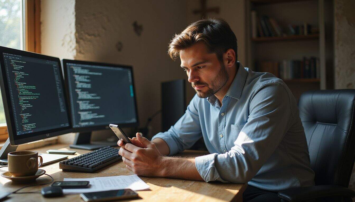 A focused man examines a product prototype at a cluttered desk filled with tech gadgets and financial documents. A focused man examines a product prototype at a cluttered desk filled with tech gadgets and financial documents.