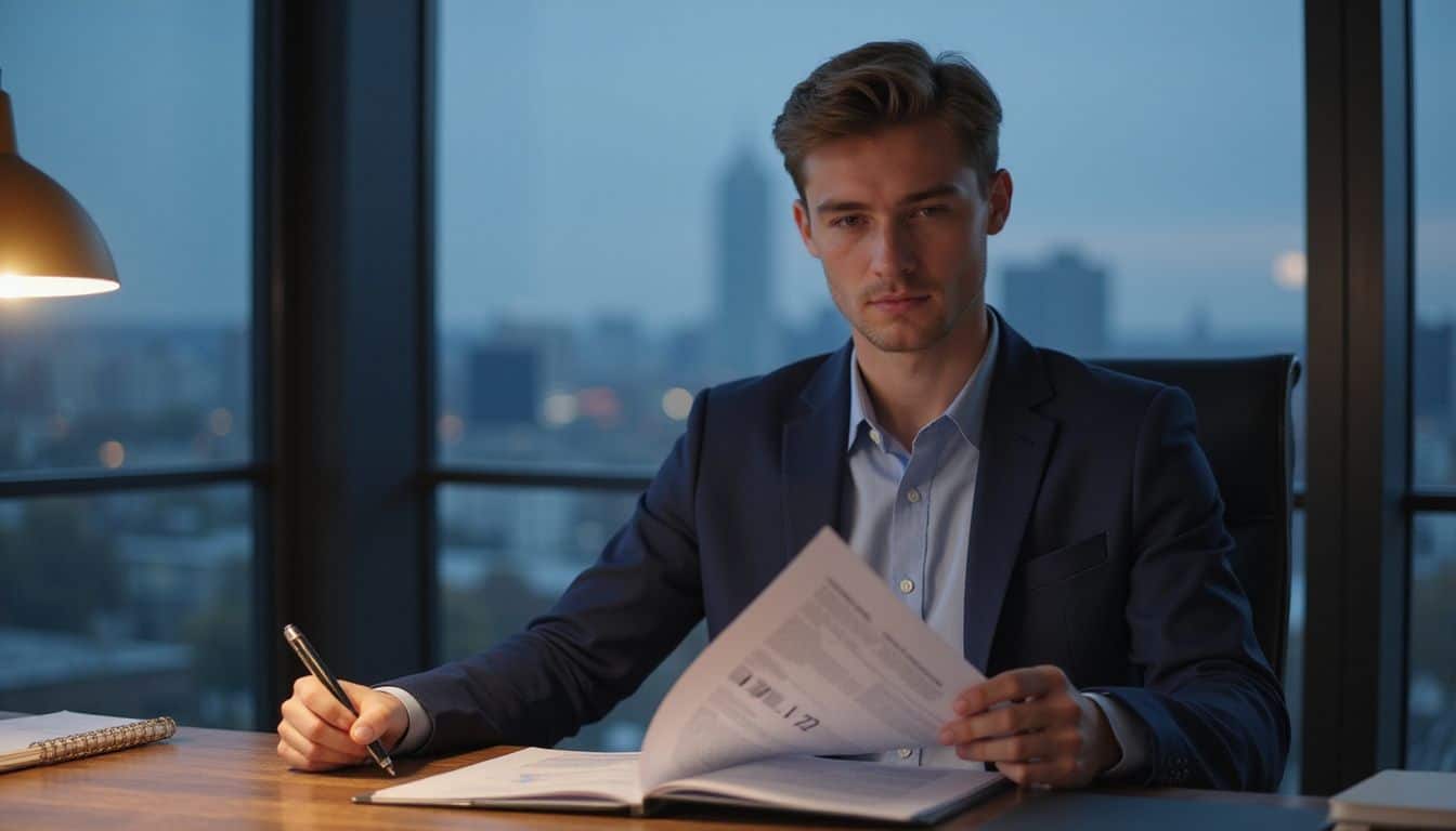 A young individual reviews a due diligence report while seated in a modern office, exuding concentration and professionalism. A young individual reviews a due diligence report while seated in a modern office, exuding concentration and professionalism.