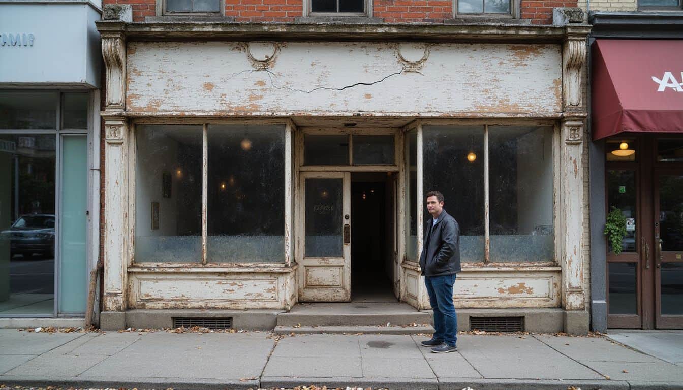 An abandoned storefront contrasts with modern shops, featuring a weathered sign and a contemplative figure nearby. An abandoned storefront contrasts with modern shops, featuring a weathered sign and a contemplative figure nearby.