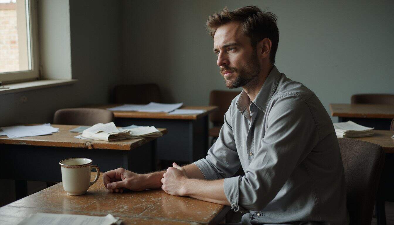 A weary man in a faded shirt sits stressed at a cluttered wooden desk in a small, quiet office. A weary man in a faded shirt sits stressed at a cluttered wooden desk in a small, quiet office.